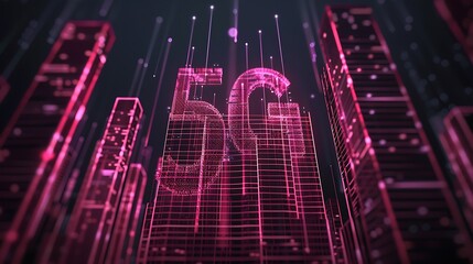 Poster - futuristic 5g network city. digital skyscrapers and glowing 5g symbol.