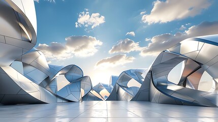 Poster - stunning 3d render of a futuristic silver structure. abstract shapes dominate under a vibrant sky.