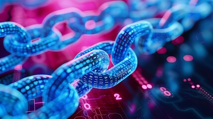 Fototapete - Digital engineer explores glowing blue blockchain with connecting data links for secure transaction network innovation encryption system digital technology cyber protection concept.