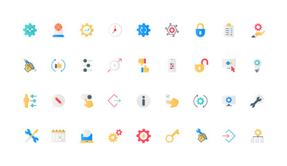 Poster - Gears of operation and settings control, setup management on panel with equalizer color icon set. Data modification, update and download, human finger on slider flat elements vector illustration