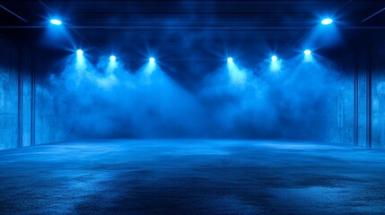 Canvas Print - A dimly lit stage with blue lighting and smoke effects.