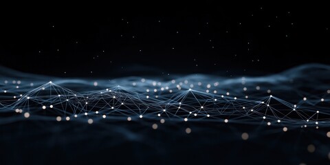 Poster - abstract illustration shows complex network of glowing points, lines. futuristic digital landscape e