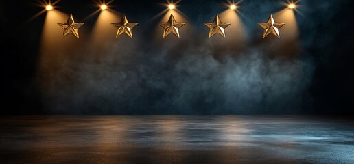 Canvas Print - A spotlighted stage with five golden stars, creating a dramatic ambiance.