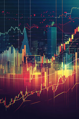Poster - A digital representation of financial data with graphs and cityscape in the background.