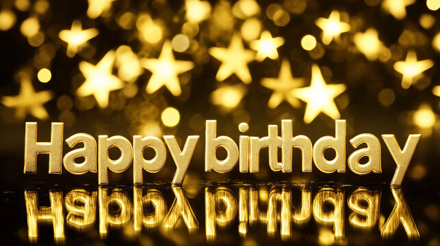 Elegant greeting card, with the words Happy Birthday in gold, surrounded by stars