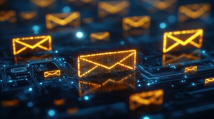 Poster - Futuristic email icons glow on abstract digital circuit board. Email symbols shine brightly on tech interface. Network connection visualized via electronic graphic design. Modern communication
