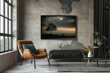 Poster - Modern living room featuring artwork of a tree and moon at dusk, showcasing a serene and stylish home atmosphere in a contemporary setting