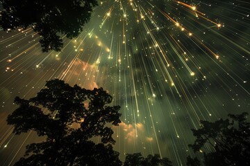 Wall Mural - night sky illuminated by vibrant fireworks over treetops during a festive celebration in a serene na