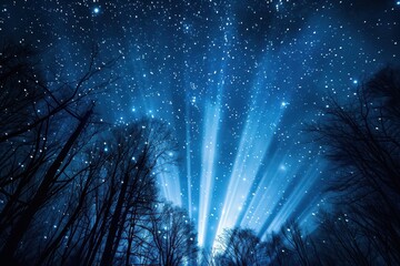 Wall Mural - night sky illuminated by vibrant fireworks over treetops during a festive celebration in a serene na