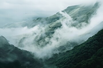Aufkleber - Lush green valley surrounded by majestic mountains and soft clouds in a serene morning landscape