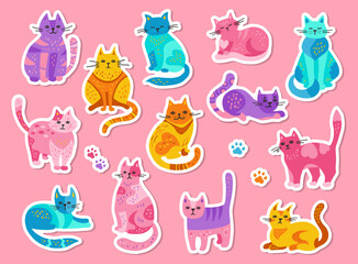  Cats cartoon childish sticker set. Hand drawn kitten with ornament. Modern funny pet animal design for kids scrapbook. Colorful cats in different poses. Mammal drawing character vector illustration