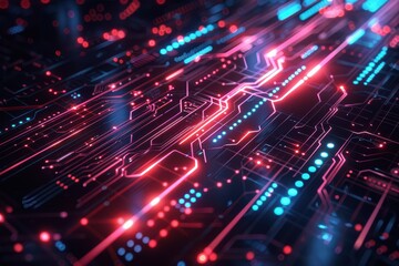 Poster - Futuristic digital design with glowing circular patterns and vibrant colors in a high-tech environment
