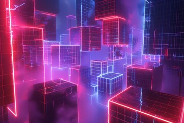 Fototapete - Vibrant neon grid cityscape with glowing cubes and atmospheric fog at night
