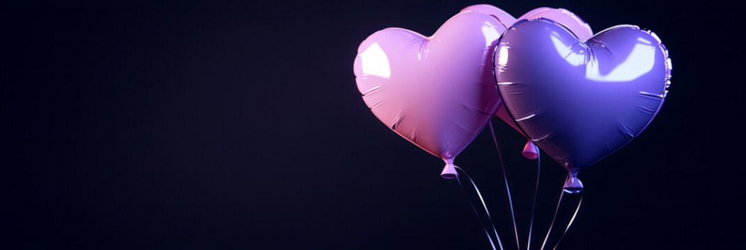 3D heart-shaped balloons in pastel purple and pink colors against a dark background, generative AI