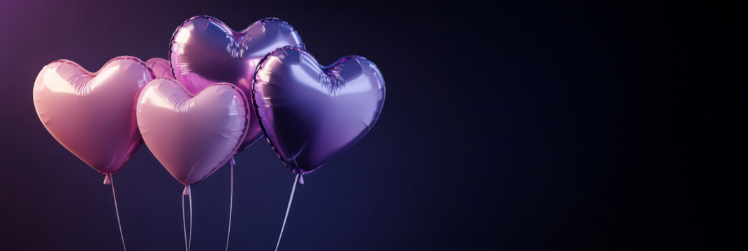 3D heart-shaped balloons in pastel purple and pink colors against a dark background, generative AI