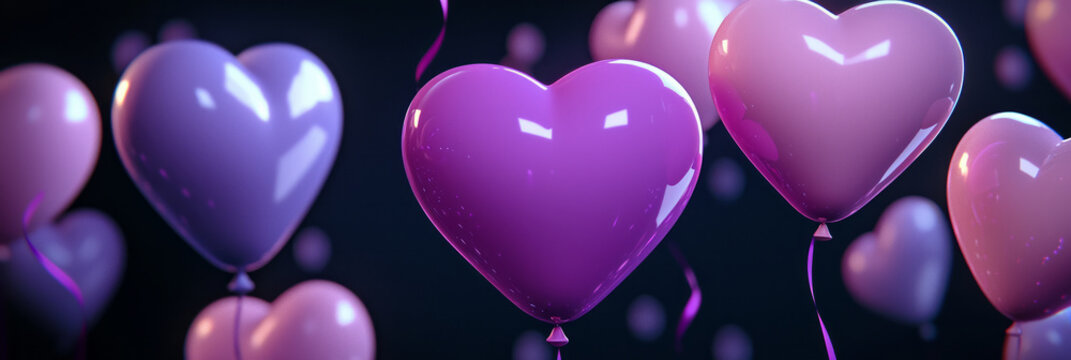 3D heart-shaped balloons in pastel purple and pink colors against a dark background, generative AI