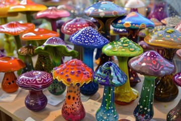 Aufkleber - Colorful mushrooms growing on forest floor display a variety of vibrant hues and intricate patterns in natural surroundings during daylight