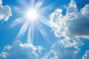Poster - Bright sunlight shining through fluffy clouds in a clear blue sky during midday