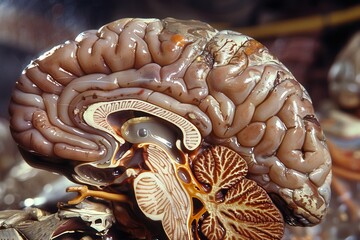 Poster - Detailed view of human brain anatomy showcasing cerebral structures and neural pathways in a scientific exhibition or educational context