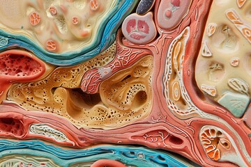 Poster - Detailed illustration of cellular structure showcasing various types of cells and their interactions under magnification in a colorful cross-section