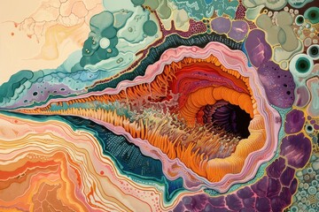 Poster - Detailed illustration of cellular structure showcasing various types of cells and their interactions under magnification in a colorful cross-section