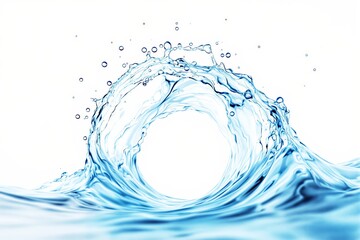 Wall Mural - Dynamic water splash creating a circular motion with scattered droplets, depicted in a photorealistic style on a white backdrop, symbolizing freshness. Ai generative