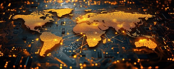 Poster - global data transfer, connectivity visualized on circuit board. world map glows with golden light on
