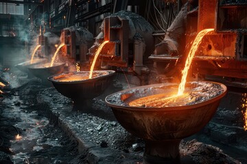 Poster - Molten metal pours into foundry molds during late afternoon casting process in industrial facility