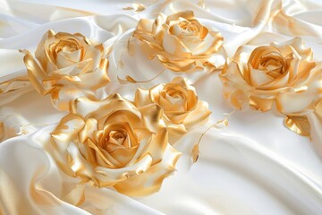 Poster - Elegant golden rose patterned fabric draping softly across a surface, catching light beautifully in a well-lit setting