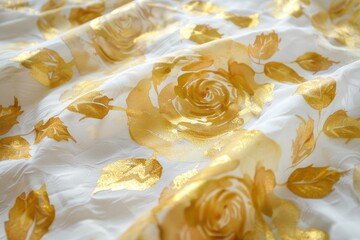 Poster - Elegant golden rose patterned fabric draping softly across a surface, catching light beautifully in a well-lit setting