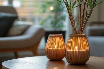 Wall Mural - Lit Candles in Woven Holders on Coffee Table