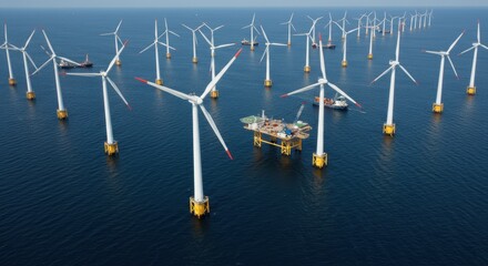 expansive offshore wind farm with turbines and maintenance platform at sea
