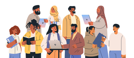 Poster - diverse group of people collaborating on projects. illustration depicts a team of men and women hold