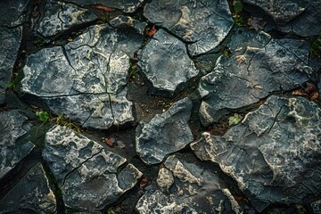 Dark cracked surface reveals intricate patterns and textures in a dry, arid landscape during daylight hours