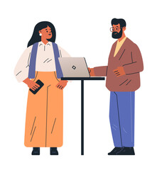 Poster - business meeting two colleagues discussing project. man and woman standing near laptop table talking