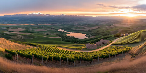  Vineyards Sunset, Rolling Hills, Serene Lake, Golden Hour