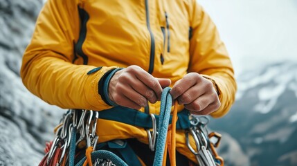 Close-up view of climber adjusting climbing ropes. Climber checks safety equipment detail. Focuses on hand handling gear, ropes on harness. Mountain landscape background. Outdoor climbing activity.