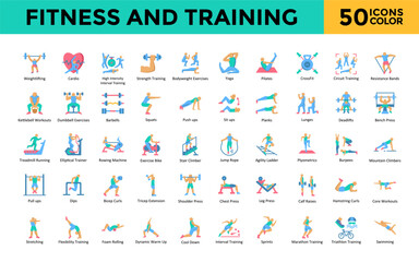 Canvas Print - Fitness and Training icon set with weightlifting, cardio, high intensity interval training, strength training, bodyweight exercises, yoga, pilates, crossfit icon. Simple flat color vector 
