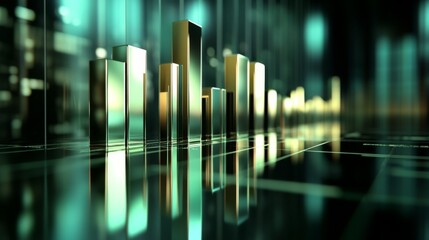 Aufkleber - A D bar chart in metallic shades showing financial trends, with reflections on a glass surface and a dark professional background.