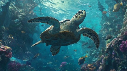 Poster - An underwater shot of a sea turtle interacting with a vibrant school of fish, showcasing the harmony of marine life and the beauty of ocean ecosystems.