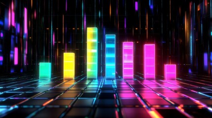 Poster - A D bar chart in vibrant colors representing financial growth, with glowing data points and a futuristic digital background in a business setting.