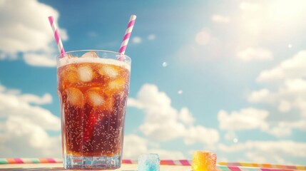 Fototapete - A bubbly soda in a vintage-style glass, with ice cubes and colorful straws, sitting on a bright picnic table under a sunny sky.