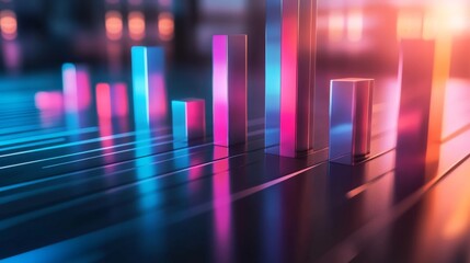 Leinwandbilder - A close-up of a D bar chart showing business growth and financial trends, with a dark gradient background and reflective surfaces for a sleek look.