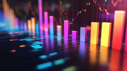 Leinwandbilder - A close-up of a D bar chart showing business growth and financial trends, with a dark gradient background and reflective surfaces for a sleek look.