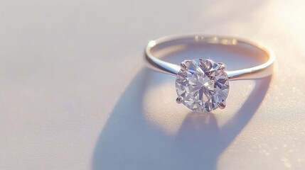 Poster - A close-up of a solitaire diamond ring, featuring a brilliant cut, placed on a simple white background to emphasize its beauty and elegance.