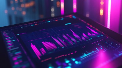 Poster - A close-up view of a tablet displaying colorful business charts and graphs, showcasing market growth and financial statistics in a sleek environment.