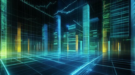 Poster - A detailed D financial bar graph with rising bars in blue and green tones, set against a modern digital grid background with glowing elements.