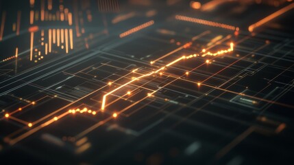 Leinwandbilder - A dynamic D financial bar chart with glowing lines and a digital interface, showing key business metrics in a high-tech environment.