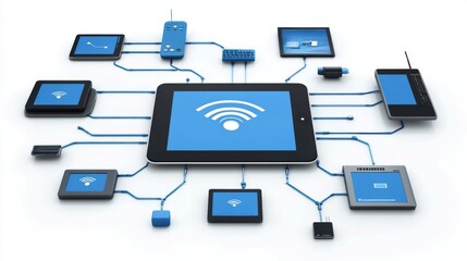Aufkleber - A dynamic image of a Wi-Fi network diagram on a digital tablet, with various devices connected, emphasizing the importance of network management.
