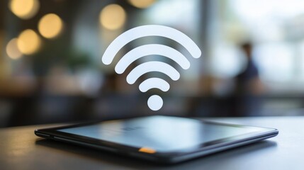 Aufkleber - A dynamic image of a Wi-Fi network diagram on a digital tablet, with various devices connected, emphasizing the importance of network management.